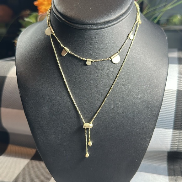 KENDRA SCOTT NECKLACE GOLD EXTRA LONG SLIDER BOLO OLIVE EUC - Picture 1 of 7